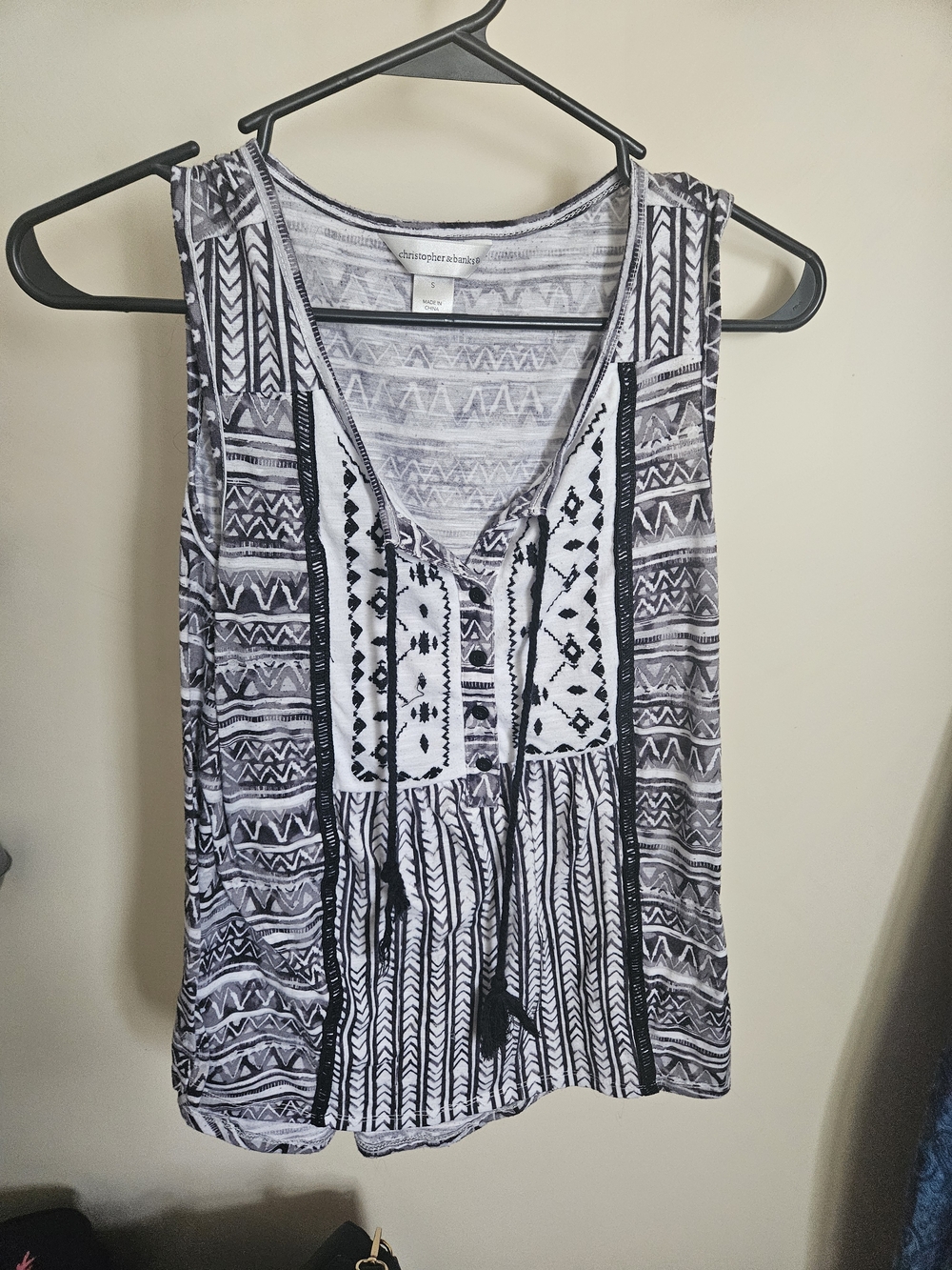 Christopher & Banks Black & White Patterned Sleeveless Embroidered Tank